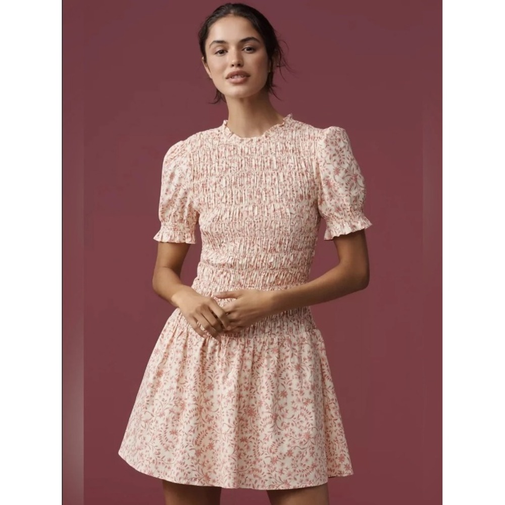 Reformation Leannah Pink Floral Smocked Mini Dress Organic Cotton Puff Sleeve 2